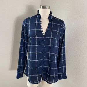 Express Portofino Shirt Womens Medium Navy Slim Fit Blouse Roll Tab Sleeve Top